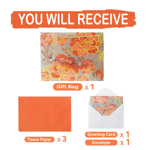 Rose Gold Gift Bag Set With Greeting Card And Orange Tissue Paper That Elevates Your Gifting Game For Birthdays, Mother's Day