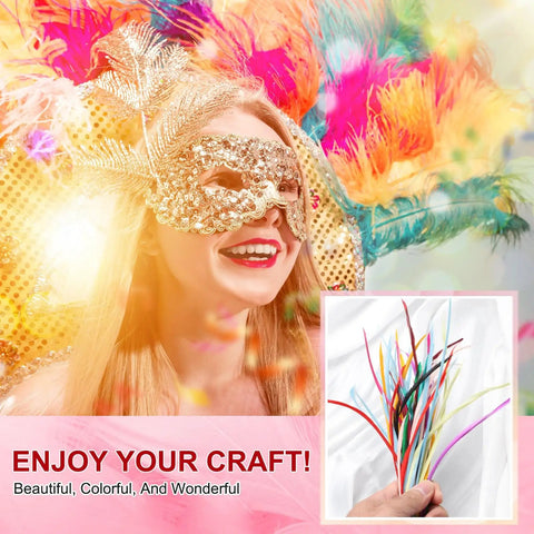 Person wearing colorful mask with Bulk 30 Pcs Fly Tying Feathers With Colorful Stonefly Split Tails And Goose Biots in background.