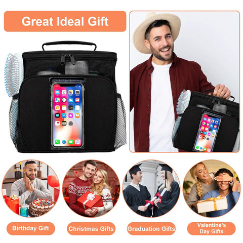 Man holding must have dorm room shower caddy for guys and gals quick dry mesh organizer with elastic pockets travel toiletry bag.