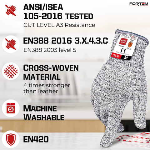Ambidextrous Cut Resistant Gloves Set Of 8, Level 5 EN388 Certified, showing glove material and safety certifications