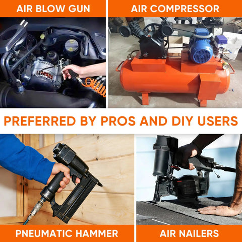 Collage showing air blow gun, air compressor, pneumatic hammer, and air nailers used by pros and DIY enthusiasts