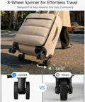 8-wheel spinner suitcase demonstrating smooth motion on sidewalk, highlighting wheels and design features.