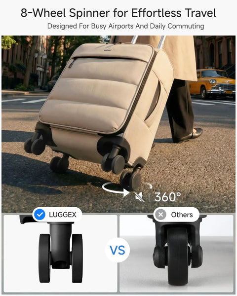 8-wheel spinner suitcase demonstrating smooth motion on sidewalk, highlighting wheels and design features.