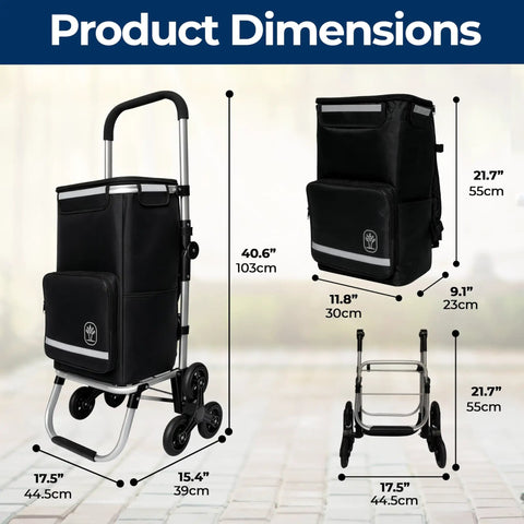 Dimensions of foldable stair climbing shopping cart with wheels for groceries and laundry, shown in black, with insulated bag and aluminum frame.