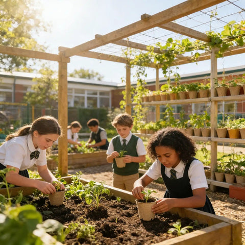 Children planting in garden beds using breathable paper pulp nursery pots for seedlings and direct planting outdoors.