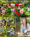 Various uses of 4 Pack All In One Garden Scissors Set With Stainless Steel Pruning Shears including fruit picking, flower trimming, and plant pruning.