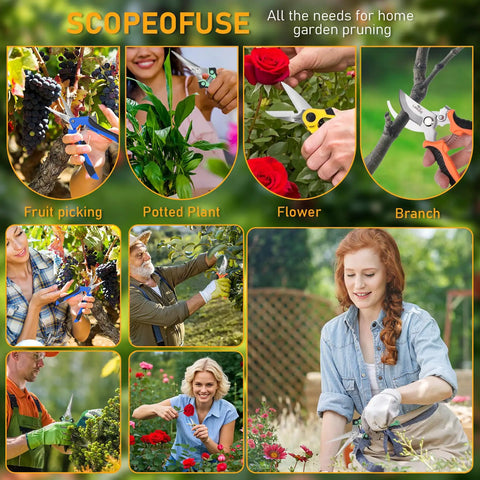 Various uses of 4 Pack All In One Garden Scissors Set With Stainless Steel Pruning Shears including fruit picking, flower trimming, and plant pruning.