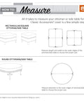 Measuring guide for rectangular and round ottomans and tables, showing dimensions needed for fitment of Classic Accessories covers.