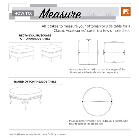 Measuring guide for rectangular and round ottomans and tables, showing dimensions needed for fitment of Classic Accessories covers.