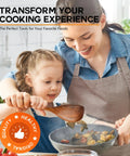 Mother and child cooking with Pro Grade Teak Wood Cooking Spoons Set With Heavy Grip, Large Wooden Spatula And Corner Spoon