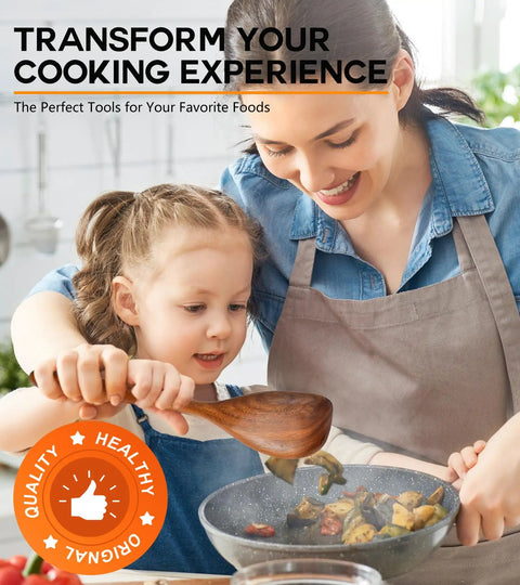 Mother and child cooking with Pro Grade Teak Wood Cooking Spoons Set With Heavy Grip, Large Wooden Spatula And Corner Spoon