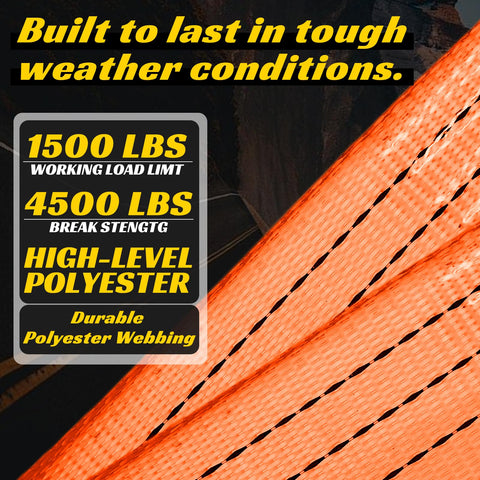 Beefy 2 Inch Ratchet Straps 15 Foot, 6 Pack, 4500 Lbs Break Strength, Tie Down Straps With J Hooks For Trucks Trailers Motorcycles And Cargo, Orange Pro Grade Heavy Duty, showing polyester webbing and strength ratings.