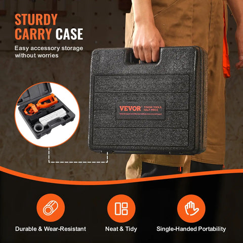 Heavy Duty Drill Press Mortising Attachment With Square Hole Chisel Set And Five Precision Bushings For Woodworkers Wanting Plug And Play Setup With Kick Ass Accuracy For Seamless Tenoning Projects All Around, sturdy carry case with handle.