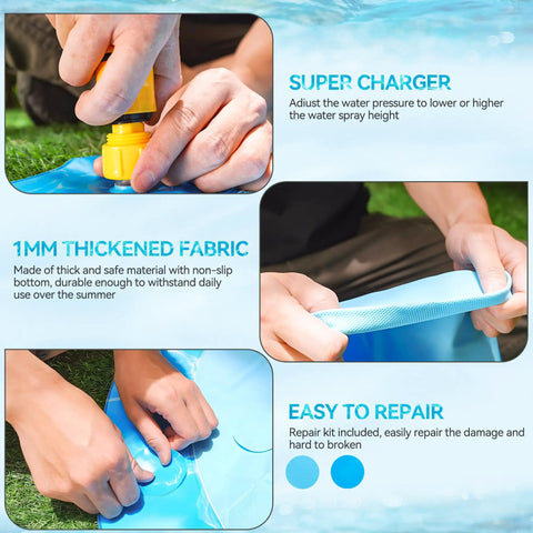 Hands demonstrating setup of Ultimate Outdoor Dog Splash Pad For Summer Fun 59 Inch Anti Slip Sprinkler Pool Water Play Mat.