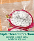Heavy Duty Quart Vacuum Seal Bags 44 Pack With 30 Percent Extra Thickness showing sealed dragon fruit, tear resistant