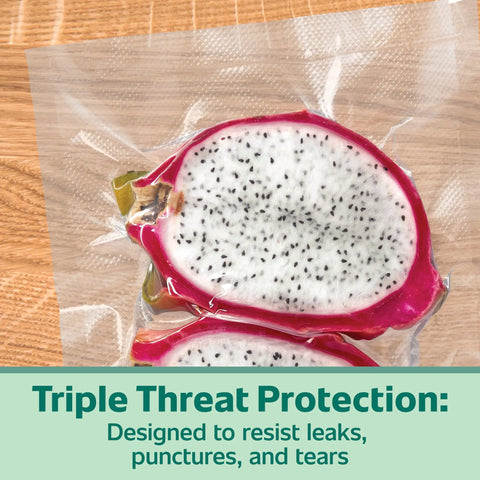 Heavy Duty Quart Vacuum Seal Bags 44 Pack With 30 Percent Extra Thickness showing sealed dragon fruit, tear resistant