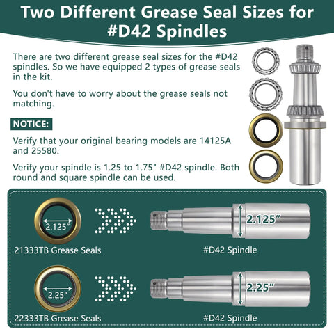 Image showing two sizes of grease seals for #D42 spindles, including diagrams and specifications for 21333TB and 22333TB.