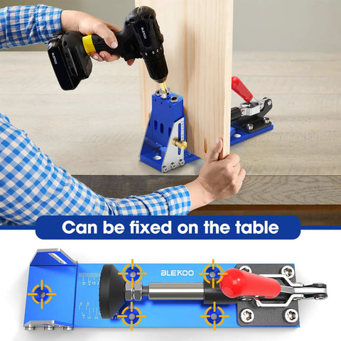 All Metal Pocket Hole Jig Drill Guide Kit For 15 Degree Angled Holes in use, featuring aluminum construction and precision alignment.