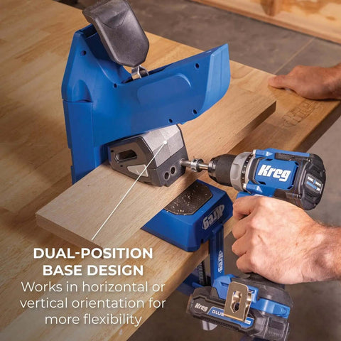 Top Shelf Pocket Hole Jig 720 Pro With Killer 20 Volt Cordless Drill Driver Combo Kit, showing dual-position design for woodworking.