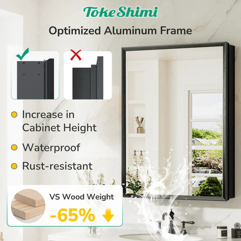 Sleek Black Recessed Medicine Cabinet With Mirror Premium Beveled Aluminum Frame 14 By 18 Inches shown with waterproof features.