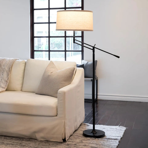 Mid Century Modern Dope Height Adjustable LED Floor Lamp For Living Room Bedroom And Office Decor next to white sofa in living room