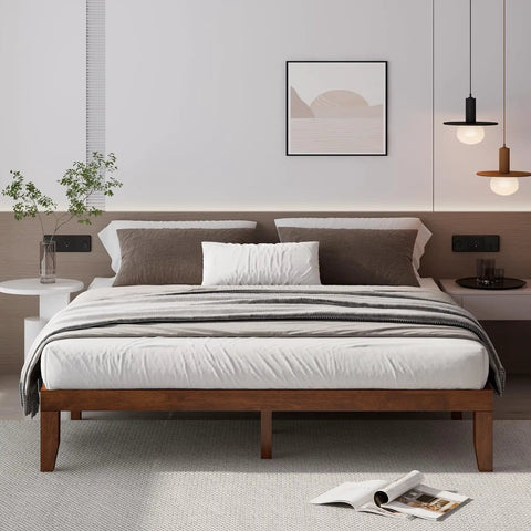 Rock Solid King Platform Bed Frame 14 Inch Profile Genuine Rubber Wood Heavy Duty Slat Support Premium Mattress Foundation No Box Spring Needed Hassle Free Setup Dark Walnut in modern bedroom setting.