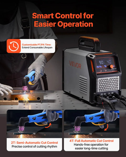 User operating 65A Non Touch Pilot Arc Plasma Cutter With Dual Voltage 110V And 220V Digital Display IGBT Inverter