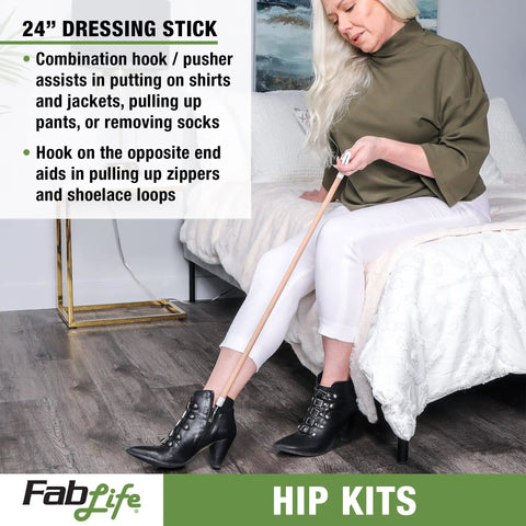 Hip Recovery Daily Living Kit With 26 Inch Reacher Sock Helper Bath Sponge Stick Shoehorn Dressing Stick And Grabber For Easy Mobility After Hip Or Knee Surgery shown in use