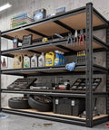40 Inch Wide Heavy Duty Garage Shelving System With 2500 Pound Capacity Thickened Steel Posts Five Shelf Support Bars Durable Wood Boards Perfect Basement Organization For Tools Parts And Gear, black steel frame