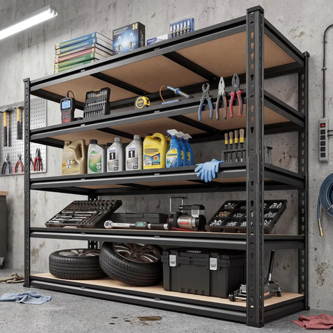 40 Inch Wide Heavy Duty Garage Shelving System With 2500 Pound Capacity Thickened Steel Posts Five Shelf Support Bars Durable Wood Boards Perfect Basement Organization For Tools Parts And Gear, black steel frame