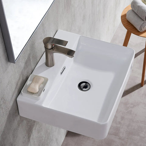 Wall Mount Bathroom Sink, Small White Rectangular Ceramic Vessel Sink For Modern Baths, 20 By 17 Inch, floating installed over gray wall