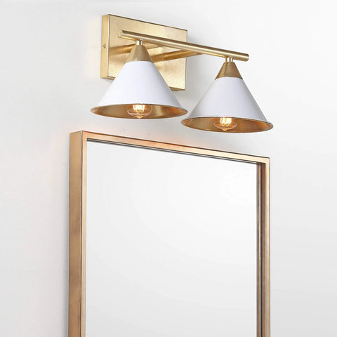 White And Gold Modern Metal Vanity Light Wall Sconce With Cone Shade 16 Inch LED Bulbs Included Hardwired UL Listed For Bathroom Mirror Bedroom Or Hallway
