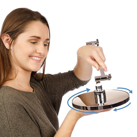 Person adjusting Adjustable Brass Shower Arm Extension With Chrome Finish for Standard Showers 11 Inch plus Height and Angle Control