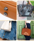 Heavy Duty Zinc Alloy Purse Feet And Handbag Rivet Kit Includes A Rock Solid Hollow Hole Punch Plus Phillips Screwdriver For Zero Stress Everyday Bag Fixes, showcasing purse feet on a brown bag.