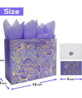 13 Inch Large Rose Purple Gift Bag Set With Greeting Card And Tissue Paper, Gold Foil Accents And Dope Floral Design