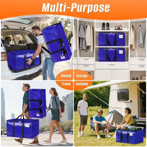 Collage of Eight Pack Heavy Duty Moving Bags with Backpack Straps in various uses: car trunk, closet, walking, and camping.