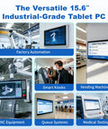 15 Point 6 Inch All In One Industrial Panel PC Android 12 Fanless Rig in factory automation and smart kiosks setting.