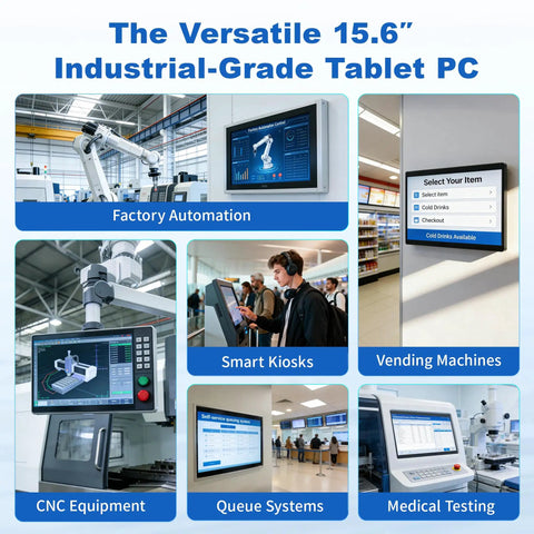 15 Point 6 Inch All In One Industrial Panel PC Android 12 Fanless Rig in factory automation and smart kiosks setting.