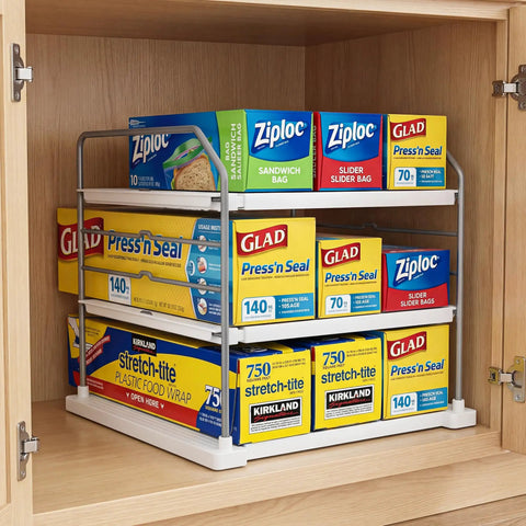 Heavy Duty Expandable Three Tier Kitchen Cabinet Organizer And Pantry Shelf Rack holding Ziploc and Glad food storage boxes.