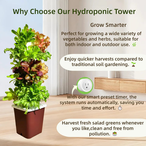 35-Pod Hydroponic Vertical Garden Tower For Indoor And Outdoor Growing, 7-Layer System, showing smart timer watering feature