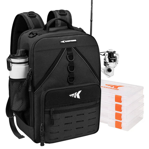 KarryAll Fishing Tackle Backpack With Rod Holder And 4 Tackle Boxes, Black, Medium, Water Resistant Oxford Build, Side View