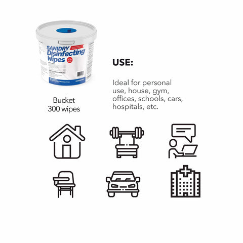 SaniDry Disinfecting Wipes 300 Count EPA Approved container with icons for home, gym, office, car, school use.