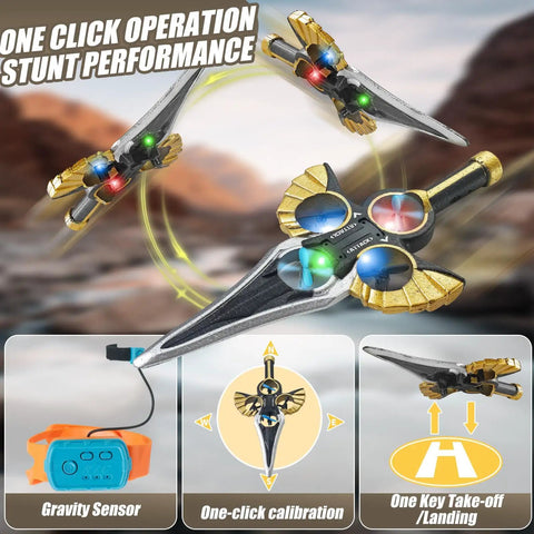 Kids RC Airplane With Hand Gesture Or Remote Control, LED Lights For Day And Night, showcasing auto hover and stunt flip