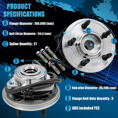 Front Wheel Bearing Hub Assembly for Ford Explorer 2002 2005 Lincoln Aviator 2003 2005 Mercury Mountaineer 2002 2005 5 Lug With ABS Sensor Wire 2 Pack Front Hubs Replacement visible with specs and ABS wire.