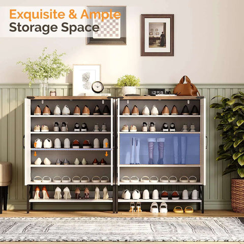 Farmhouse Style Shoe Cabinet With Two Barn Doors, 32 Inch Antique White Storage Organizer, large capacity with adjustable shelves