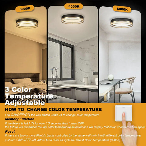 12.5 Inch LED Flush Mount Ceiling Light 26W 1700 Lumens Dimmable With 3 Color Temp 3000K 4000K 5000K Energy Saving Black Gold
