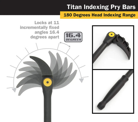 Beefy Indexable Pry Bar 33 Inch With 180 Degree Rotating Head showing 11 fixed angles and thumb knob close-up