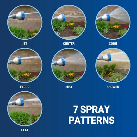 Seven spray pattern settings displayed for Elevated 14 Inch Hose End Watering Wand with No Fuss Thumb Flow Control and ergonomic handle.