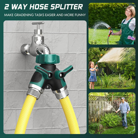 2 Way Garden Hose Splitter With Shut Off Valve For 3/4 Inch Hose Connector Heavy Duty Metal Outdoor Faucet Y Connector For Garden Hose No Leaks With Leak Proof Washers Included, metal splitter on faucet