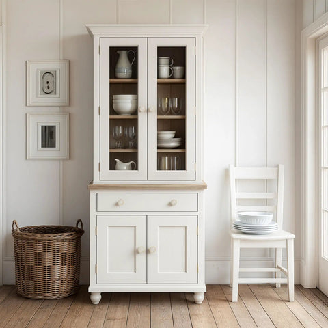 White cabinet with glass doors and round gold cabinet knobs set of twelve, one and a quarter inch pearl bead drawer pulls in brushed brass.